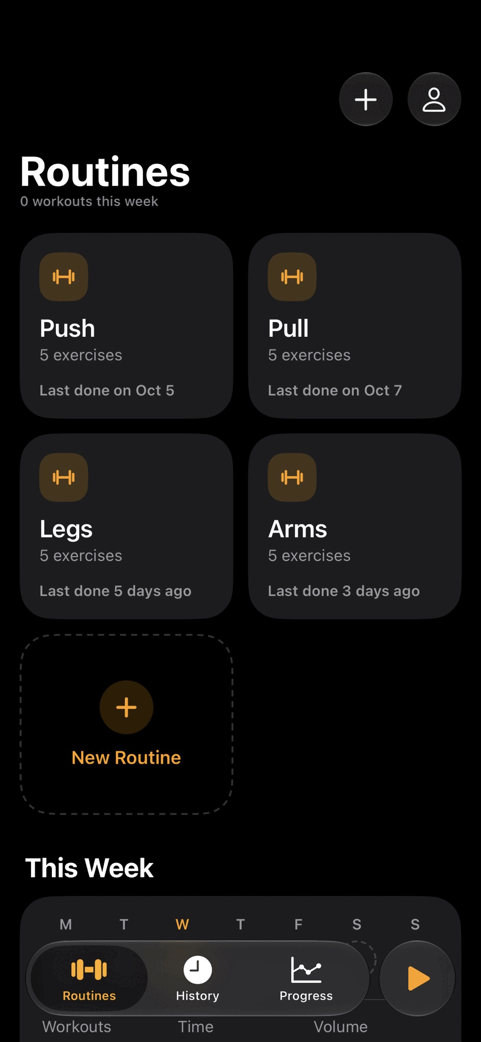 Ironclad workouts screen showing saved workouts and your week