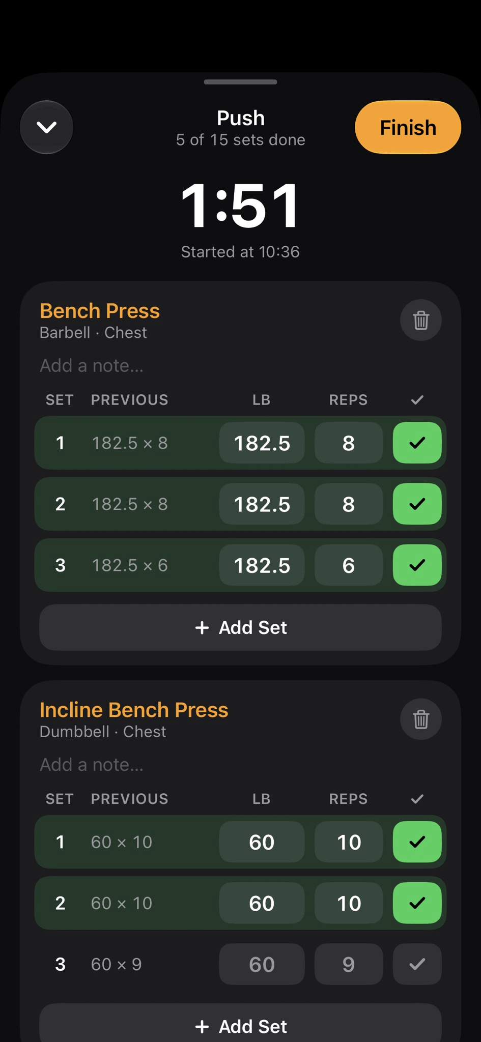 Active workout with last time's weights and reps filled in for each set