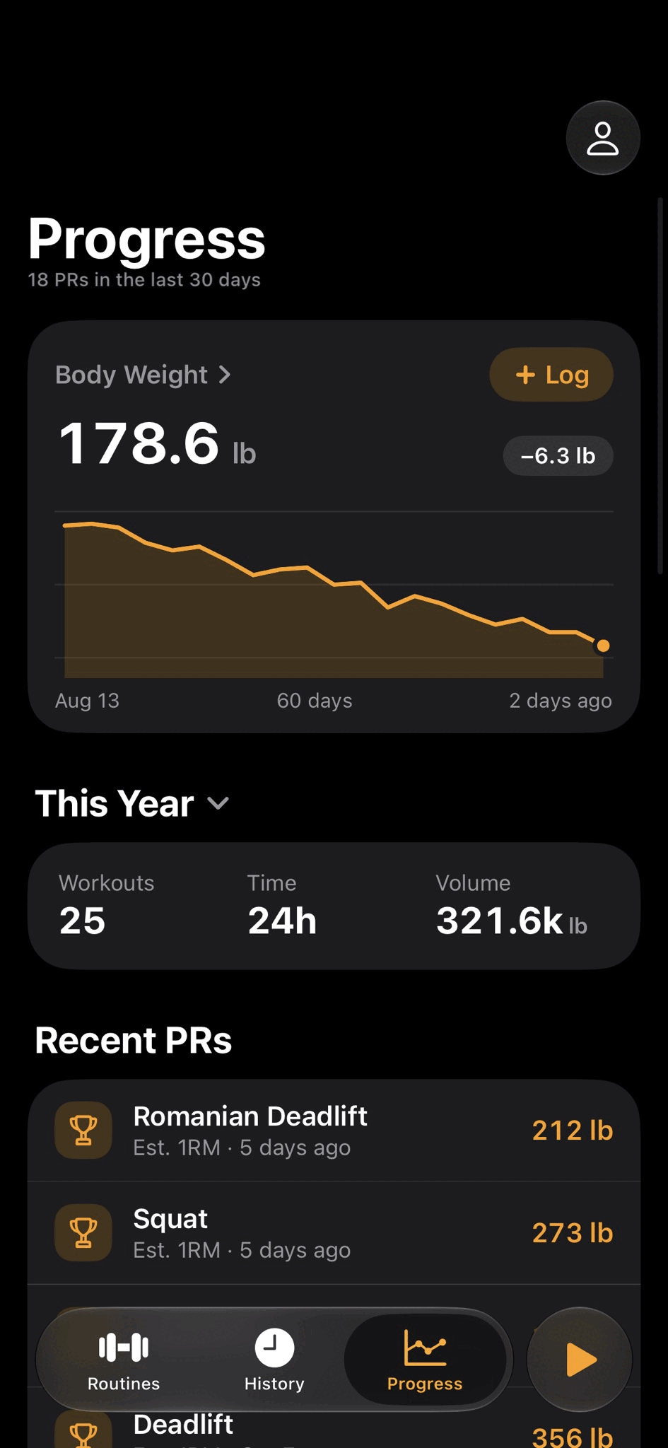 Ironclad progress screen showing personal records and body weight